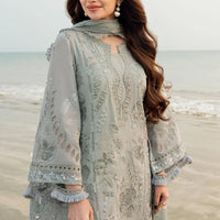 NUREH-3PC DHANAK LASER WORK EMBROIDERED SHIRT WITH KHADDI NET EMBROIDERED DUPATTA & TROUSER - 14214