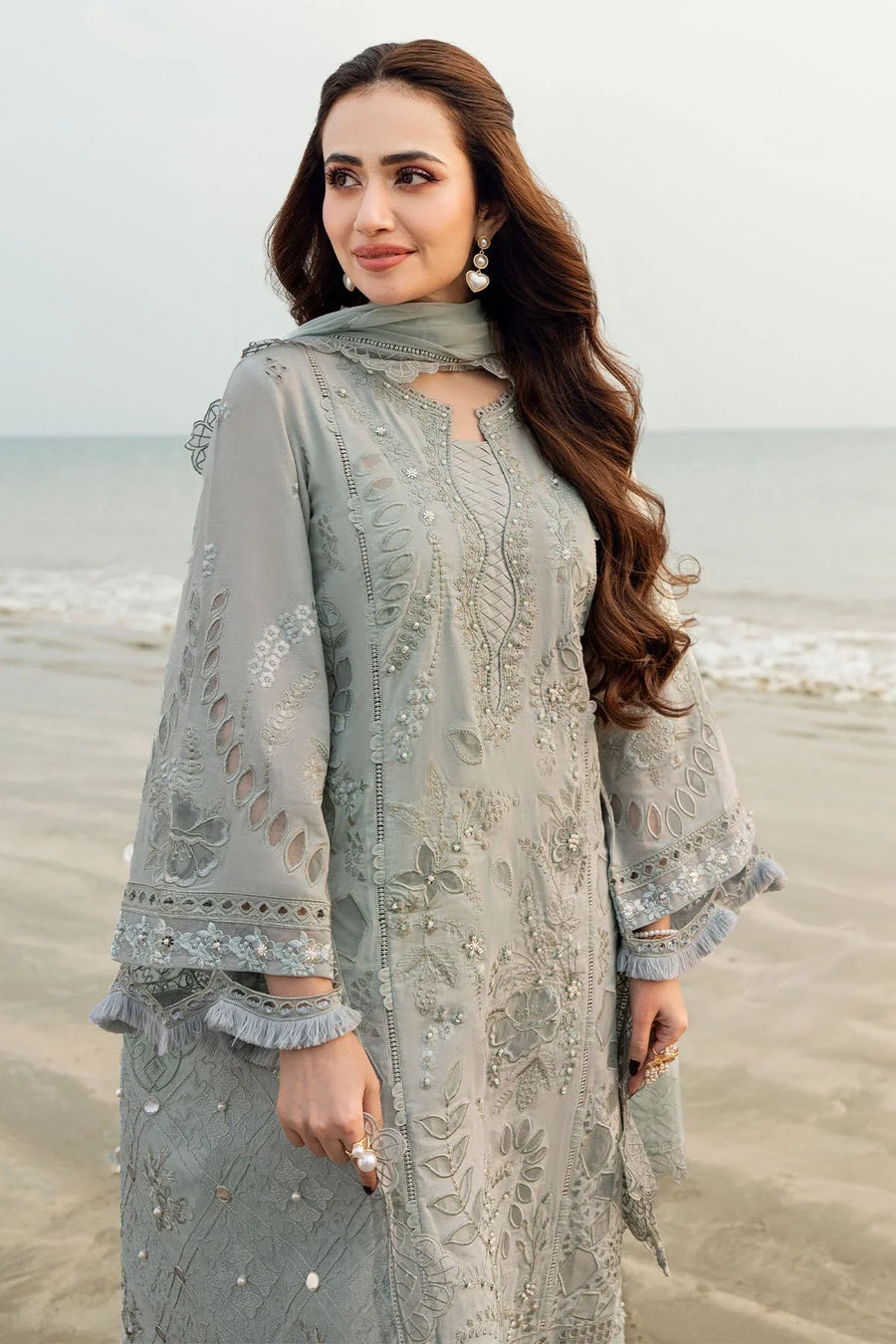 NUREH-3PC DHANAK LASER WORK EMBROIDERED SHIRT WITH KHADDI NET EMBROIDERED DUPATTA & TROUSER - 14214