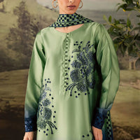NUREH-3PC SHAMOZE SILK UNSTITCEHD PRINTED EMBROIDERED SHIRT WITH SOFT SILK PRINTED EMB DUPATTA & TROUSER BIC-11736