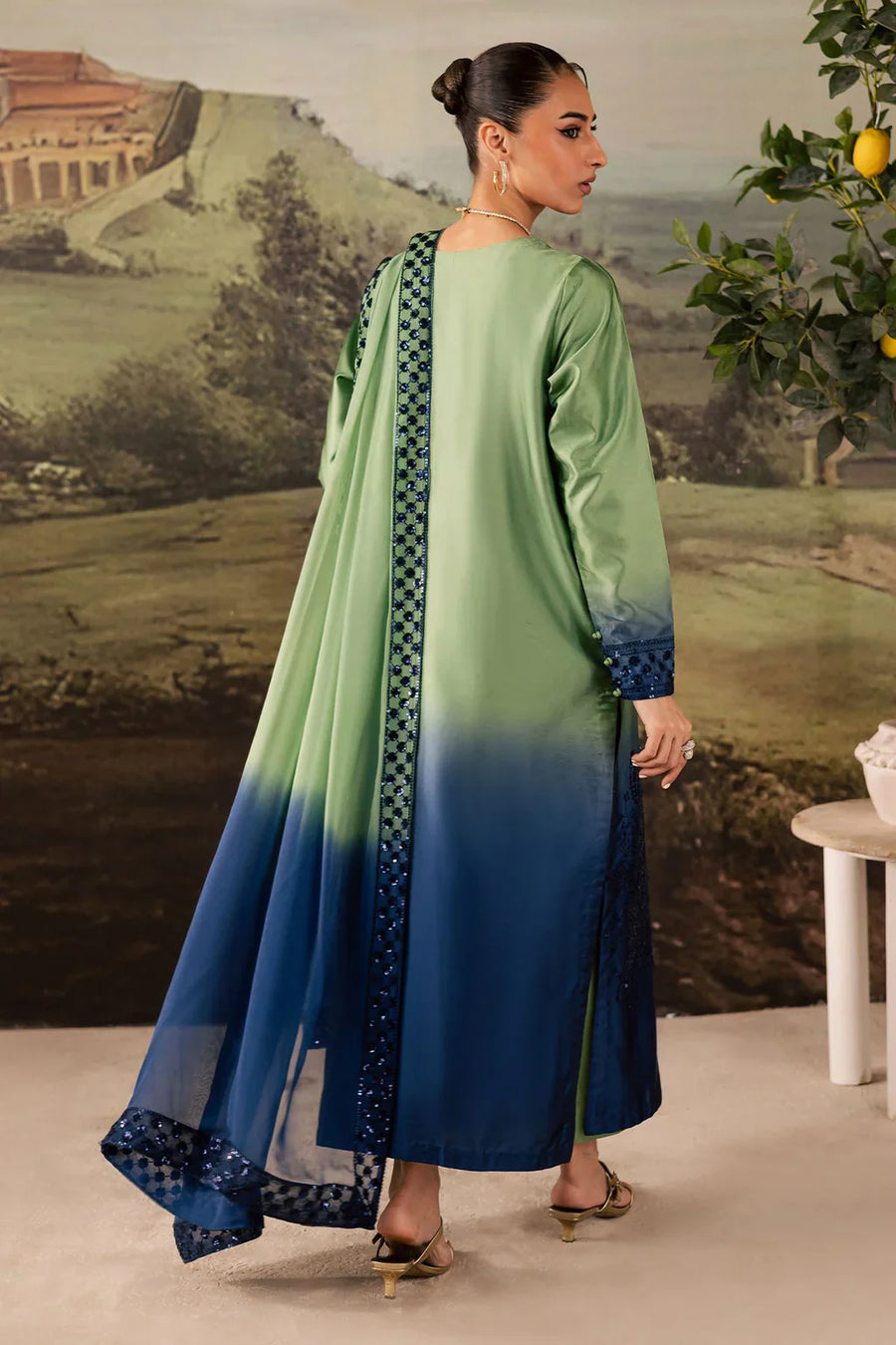 NUREH-3PC SHAMOZE SILK UNSTITCEHD PRINTED EMBROIDERED SHIRT WITH SOFT SILK PRINTED EMB DUPATTA & TROUSER BIC-11736