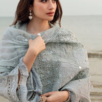 NUREH-3PC DHANAK LASER WORK EMBROIDERED SHIRT WITH KHADDI NET EMBROIDERED DUPATTA & TROUSER - 14214