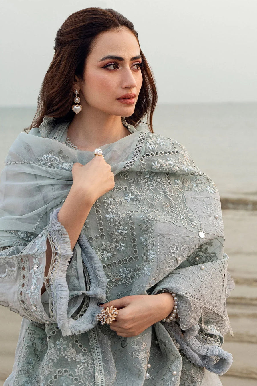 NUREH-3PC DHANAK LASER WORK EMBROIDERED SHIRT WITH KHADDI NET EMBROIDERED DUPATTA & TROUSER - 14214