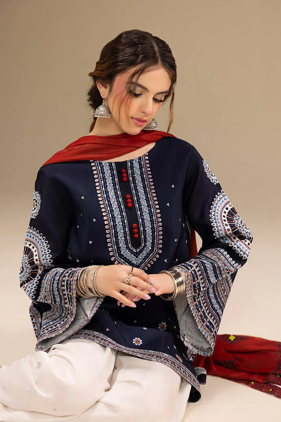 JAZMIN-3PC DHANAK EMBROIDERED SHIRT WITH CORTRAI WOOL PRINTED SHAWL AND EMB TROUSER-4080