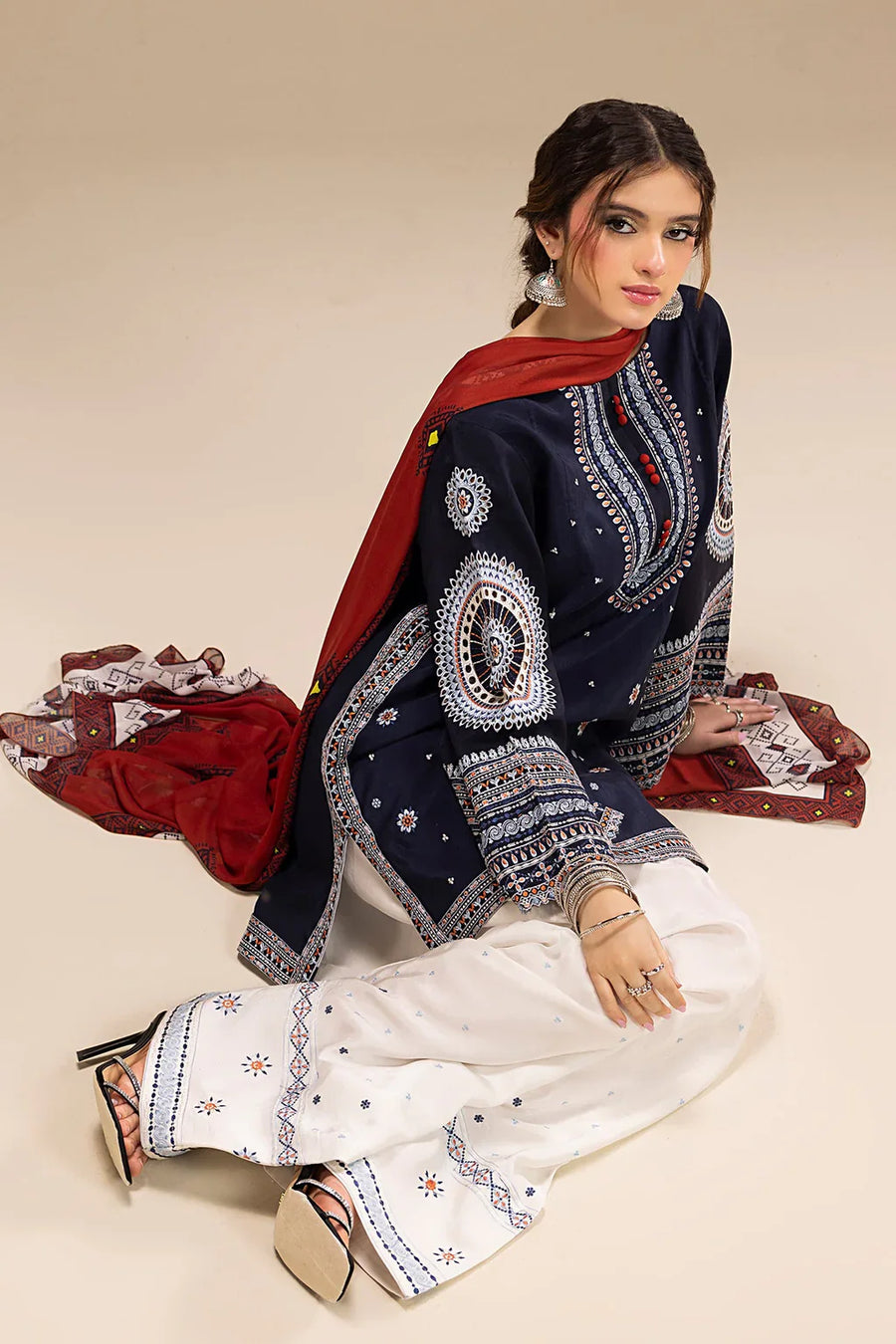 JAZMIN-3PC DHANAK EMBROIDERED SHIRT WITH CORTRAI WOOL PRINTED SHAWL AND EMB TROUSER-4080