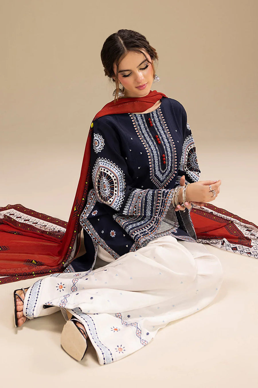 JAZMIN-3PC DHANAK EMBROIDERED SHIRT WITH CORTRAI WOOL PRINTED SHAWL AND EMB TROUSER-4080
