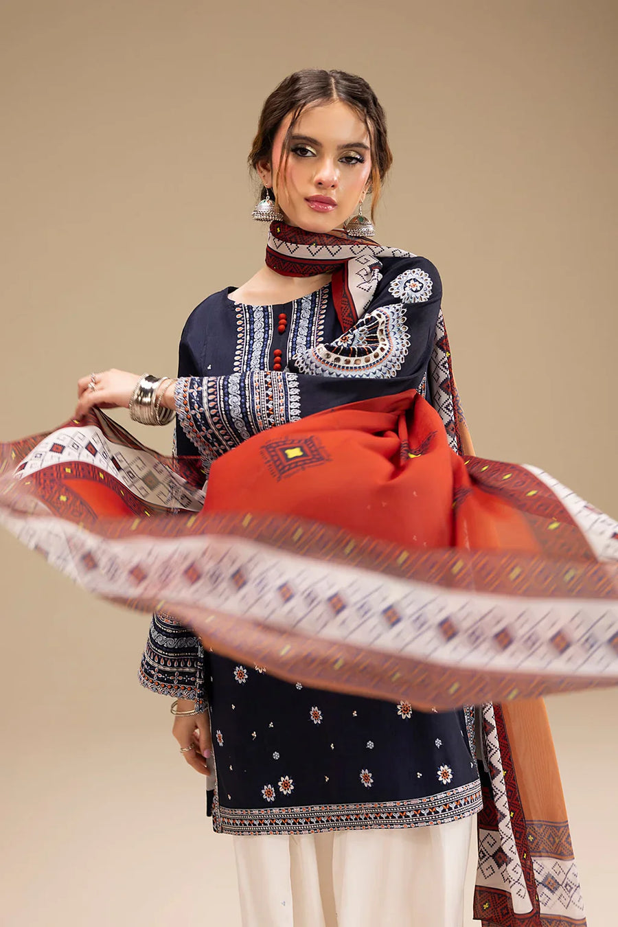 JAZMIN-3PC DHANAK EMBROIDERED SHIRT WITH CORTRAI WOOL PRINTED SHAWL AND EMB TROUSER-4080