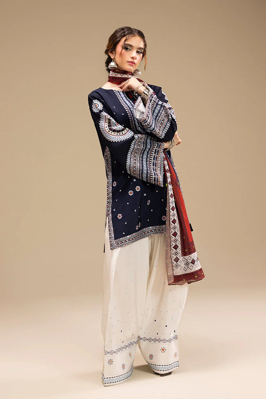 JAZMIN-3PC DHANAK EMBROIDERED SHIRT WITH CORTRAI WOOL PRINTED SHAWL AND EMB TROUSER-4080