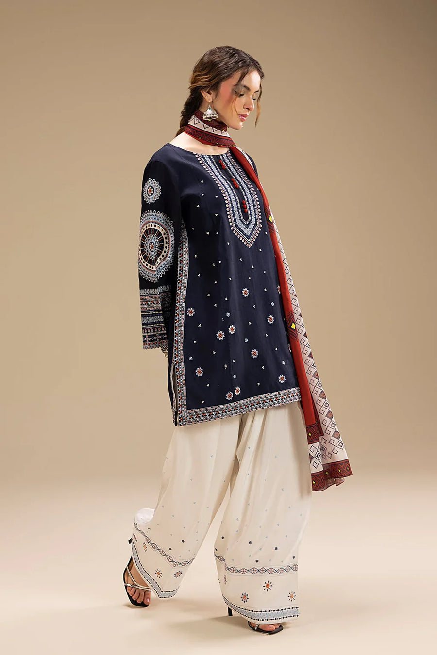 JAZMIN-3PC DHANAK EMBROIDERED SHIRT WITH CORTRAI WOOL PRINTED SHAWL AND EMB TROUSER-4080