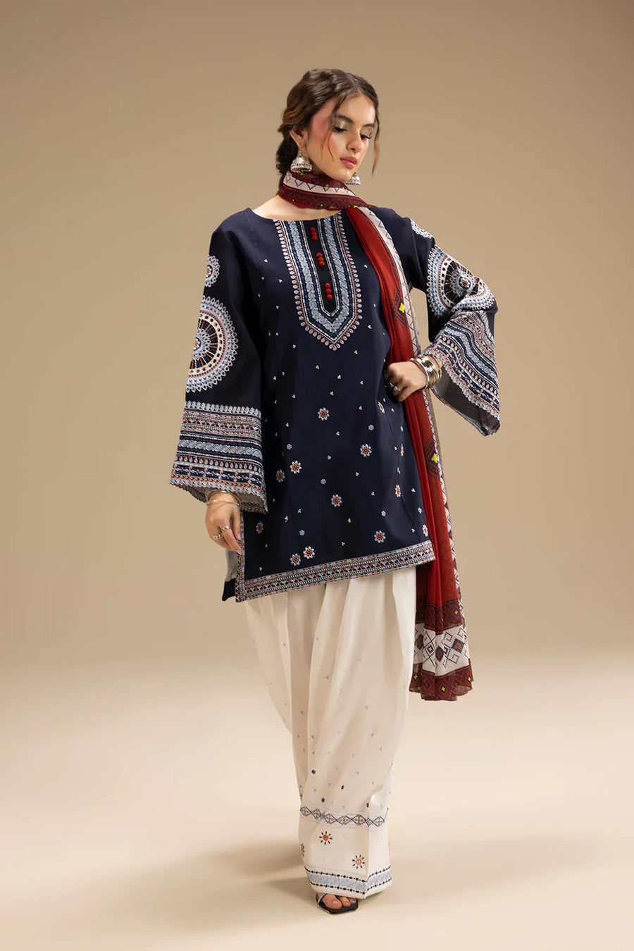 JAZMIN-3PC DHANAK EMBROIDERED SHIRT WITH CORTRAI WOOL PRINTED SHAWL AND EMB TROUSER-4080
