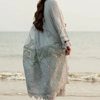 NUREH-3PC DHANAK LASER WORK EMBROIDERED SHIRT WITH KHADDI NET EMBROIDERED DUPATTA & TROUSER - 14214