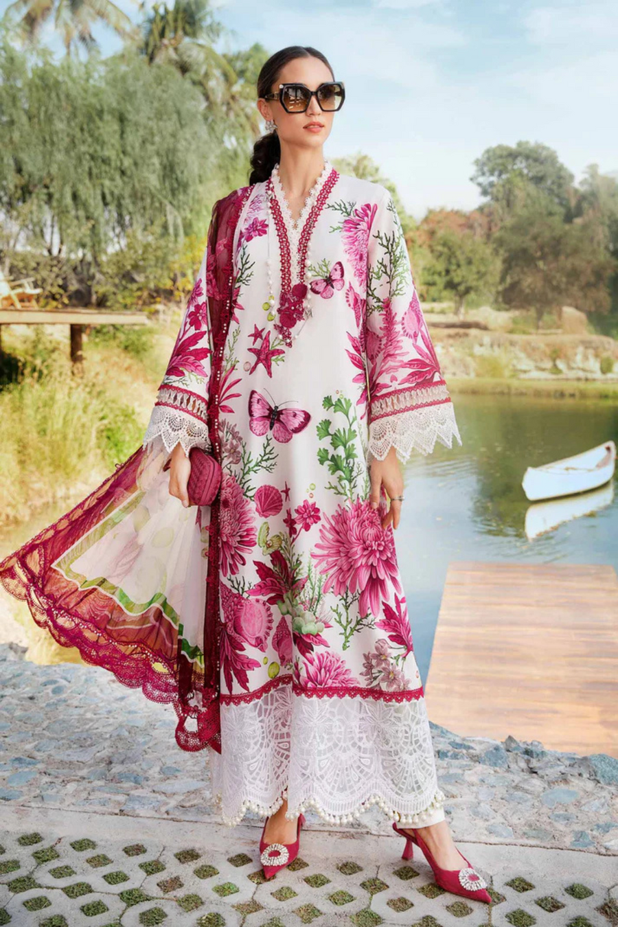 MARIA.B-3PC LAWN EMBROIDERED PRINTED SHIRT WITH CHIFFON PRINT DUPATTA AND PRINT TROUSER-BIC-2520