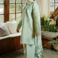 ZARA SHAHJAHAN-3PC DHANAK EMBROIDERED SHIRT WITH CORTRAI WOOL PRINTED SHAWL AND EMB TROUSER - 14112
