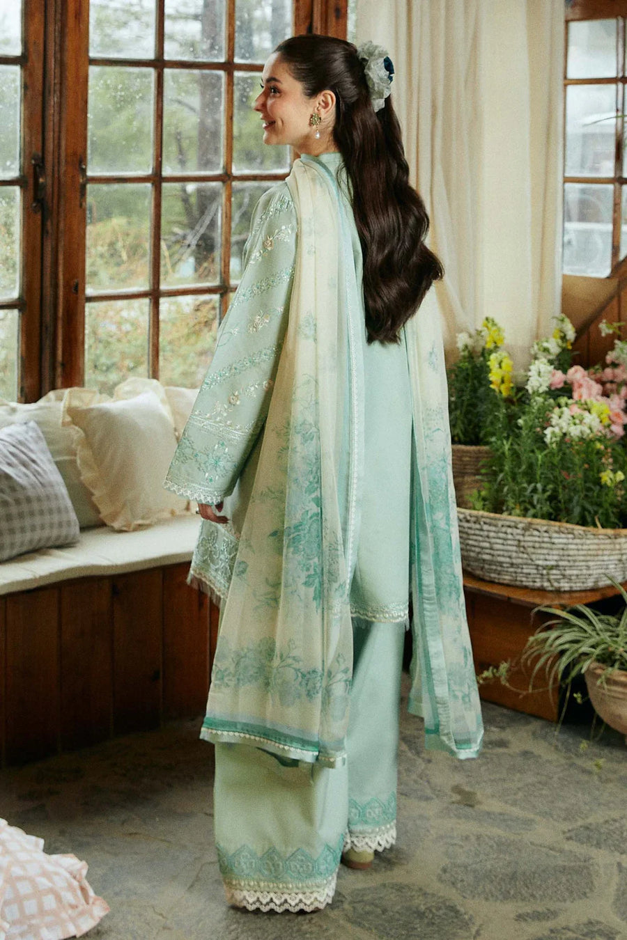 ZARA SHAHJAHAN-3PC DHANAK EMBROIDERED SHIRT WITH CORTRAI WOOL PRINTED SHAWL AND EMB TROUSER - 14112