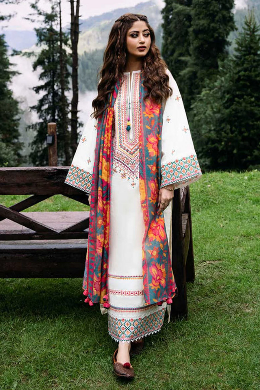 SAPPHIRE- 3PC DHANAK EMBROIDERED SHIRT WITH WOOL PRINT SHAWL AND TROUSER - 4006