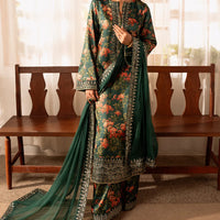 ZAINAB CHOTANI-3PC UNSTITCHED SHAMOZE SILK PRINTED EMBROIDERED SHIRT WITH SOFT SILK PRINTED EMB DUPATTA & EMB TROUSER -11722