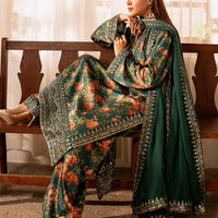 ZAINAB CHOTANI-3PC UNSTITCHED SHAMOZE SILK PRINTED EMBROIDERED SHIRT WITH SOFT SILK PRINTED EMB DUPATTA & EMB TROUSER -11722