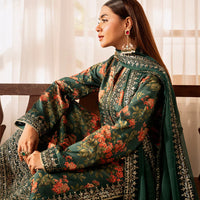 ZAINAB CHOTANI-3PC UNSTITCHED SHAMOZE SILK PRINTED EMBROIDERED SHIRT WITH SOFT SILK PRINTED EMB DUPATTA & EMB TROUSER -11722