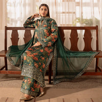 ZAINAB CHOTANI-3PC UNSTITCHED SHAMOZE SILK PRINTED EMBROIDERED SHIRT WITH SOFT SILK PRINTED EMB DUPATTA & EMB TROUSER -11722