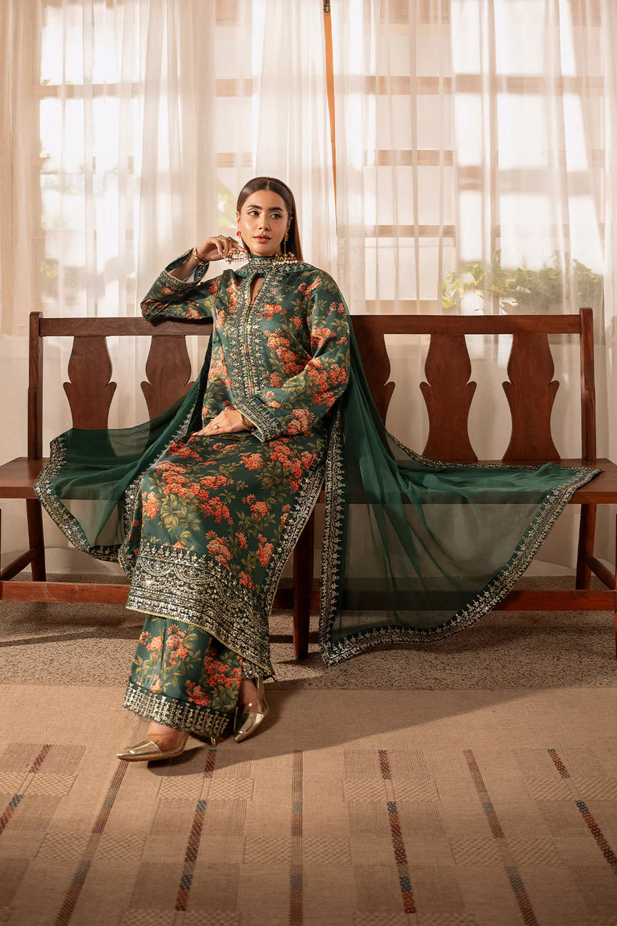 ZAINAB CHOTANI-3PC UNSTITCHED SHAMOZE SILK PRINTED EMBROIDERED SHIRT WITH SOFT SILK PRINTED EMB DUPATTA & EMB TROUSER -11722