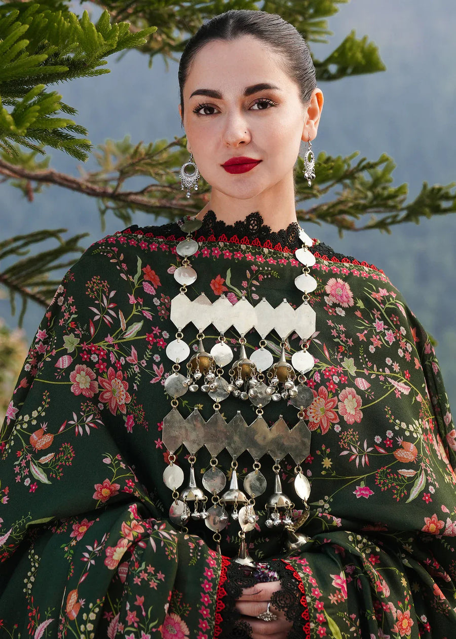 HUSSAIN REHAR-3PC KARANDI EMBROIDERED SHIRT WITH COURTRAI PRINTED SHAWL AND TROUSER-4261