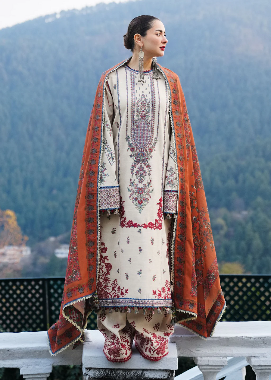 HUSSAIN REHAR-3PC DHANAK EMBROIDERED SHIRT WITH COURTRAI PRINTED SHAWL AND TROUSER-BIC-14260