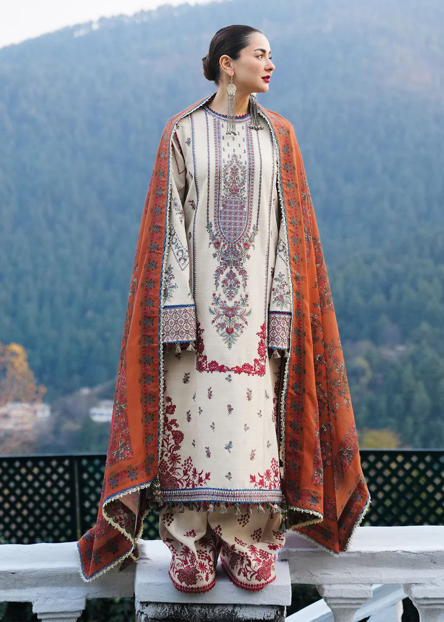 HUSSAIN REHAR-3PC DHANAK EMBROIDERED SHIRT WITH COURTRAI PRINTED SHAWL AND TROUSER-BIC-14260