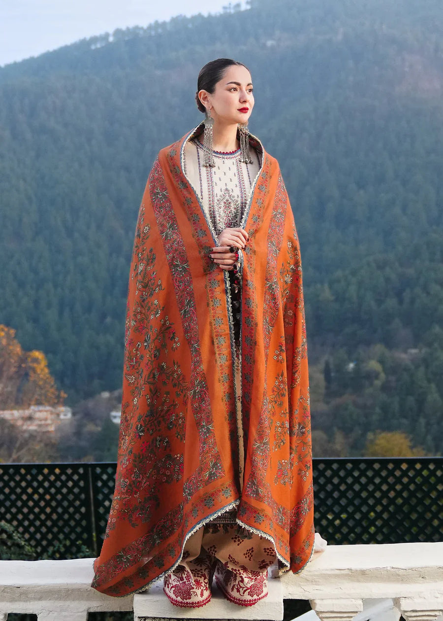 HUSSAIN REHAR-3PC DHANAK EMBROIDERED SHIRT WITH COURTRAI PRINTED SHAWL AND TROUSER-BIC-14260