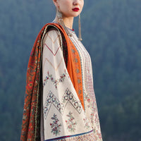 HUSSAIN REHAR-3PC DHANAK EMBROIDERED SHIRT WITH COURTRAI PRINTED SHAWL AND TROUSER-BIC-14260