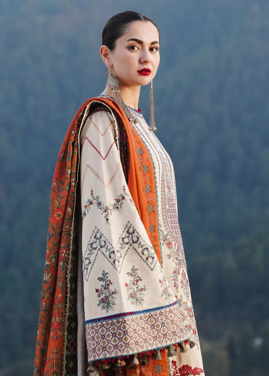 HUSSAIN REHAR-3PC DHANAK EMBROIDERED SHIRT WITH COURTRAI PRINTED SHAWL AND TROUSER-BIC-14260