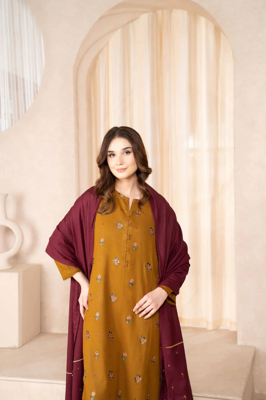 LAZULI 3PC DHANAK EMBROIDERED SHIRT DHANAK EMBROIDERED SHAWL AND TROUSER - 14074