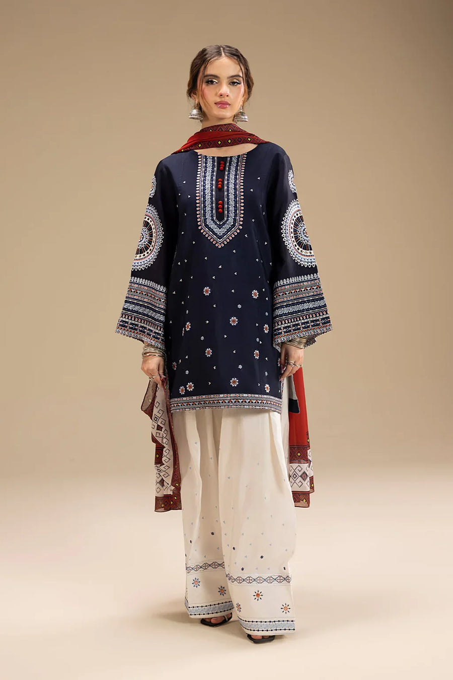 JAZMIN-3PC DHANAK EMBROIDERED SHIRT WITH CORTRAI WOOL PRINTED SHAWL AND EMB TROUSER-4080