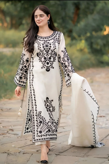 JAZMIN - 3PC DHANAK EMBROIDERED SHIRT WITH DHANAK EMBROIDERED SHAWL & TROUSER - 14205