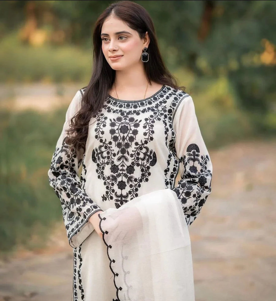 JAZMIN - 3PC DHANAK EMBROIDERED SHIRT WITH DHANAK EMBROIDERED SHAWL & TROUSER - 14205