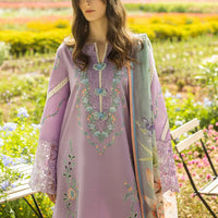 MUSHQ-3PC DHANAK EMBROIDERED SHIRT WITH COUTRAI WOOL PRINTED SHAWL AND TROUSER - 14018