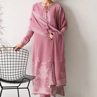 BATIK-3PC DHANAK EMBROIDERED SHIRT WITH DHANAK EMBROIDERED SHAWL AND TROUSER-BIC - 14189