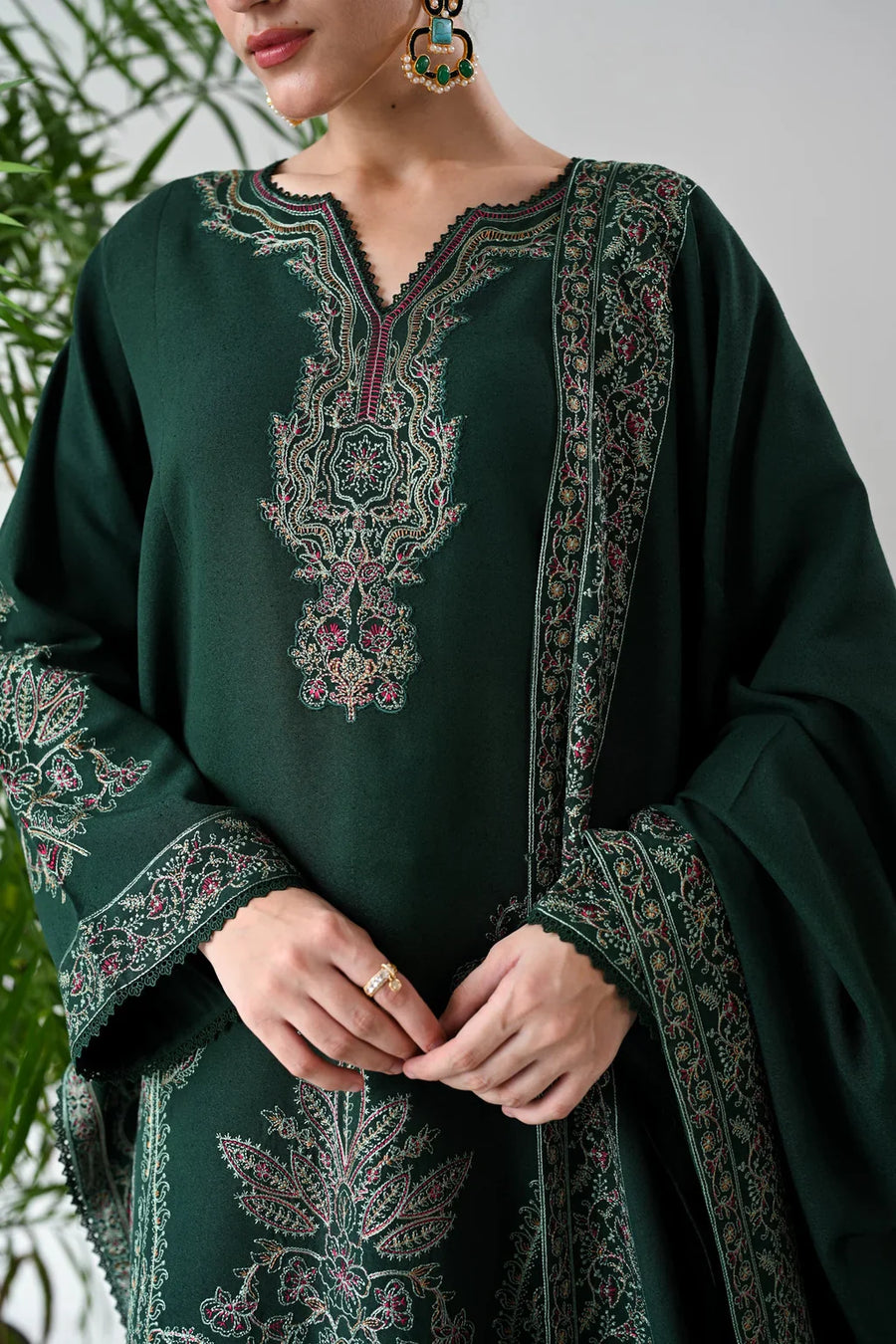 3PC DHANAK EMBROIDERED SHIRT WITH DHANAK EMBROIDERED SHAWL & TROUSER-BIC-1419