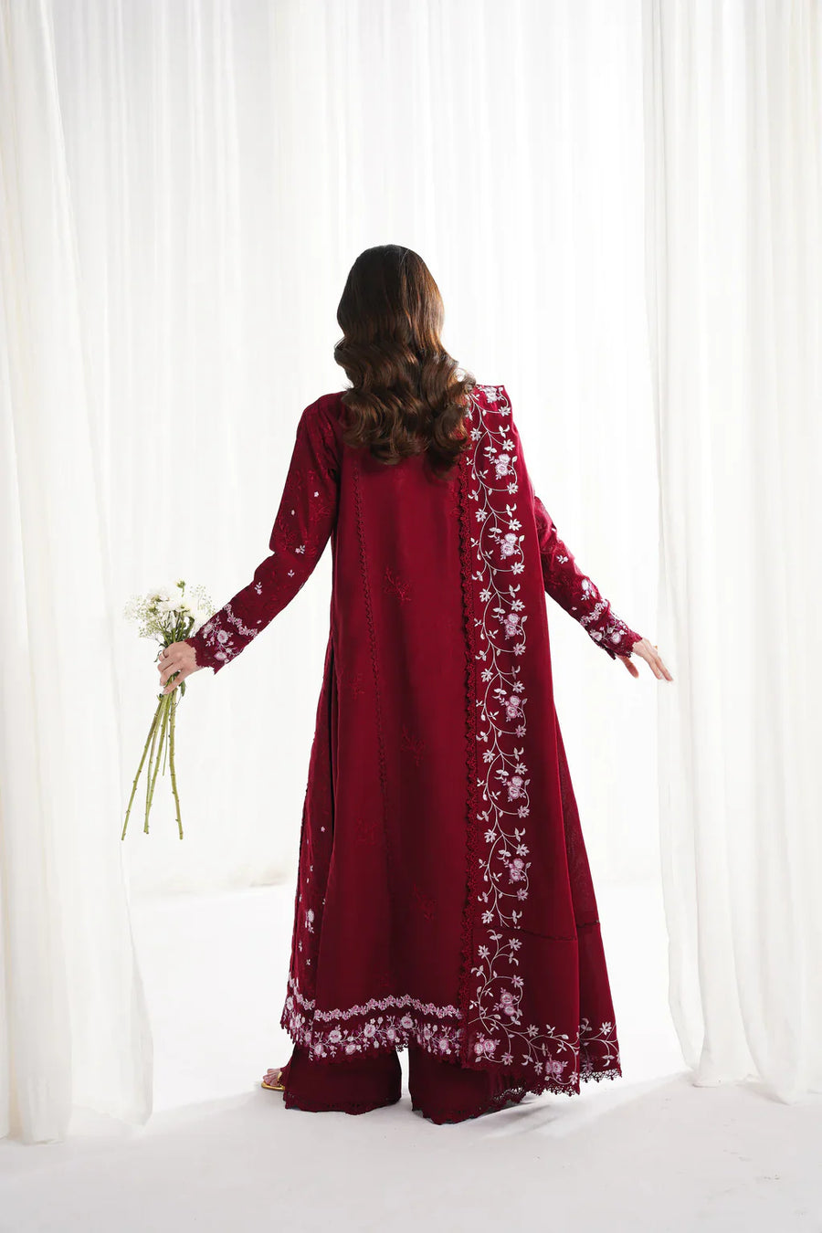 GARNET-3PC DHANAK EMBROIDERED SHIRT WITH DHANAK EMBROIDERED SHAWL & TROUSER-4312