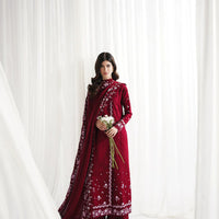GARNET-3PC DHANAK EMBROIDERED SHIRT WITH DHANAK EMBROIDERED SHAWL & TROUSER-4312