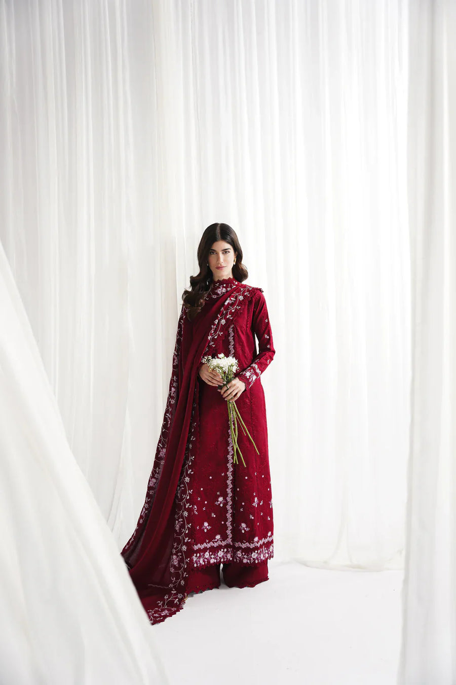 GARNET-3PC DHANAK EMBROIDERED SHIRT WITH DHANAK EMBROIDERED SHAWL & TROUSER-4312