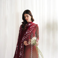 GARNET-3PC DHANAK EMBROIDERED SHIRT WITH DHANAK EMBROIDERED SHAWL & TROUSER-4312