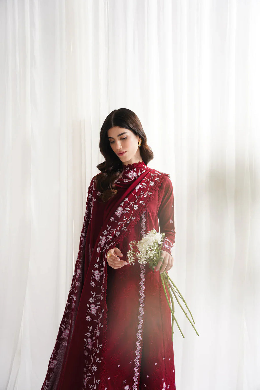 GARNET-3PC DHANAK EMBROIDERED SHIRT WITH DHANAK EMBROIDERED SHAWL & TROUSER-4312