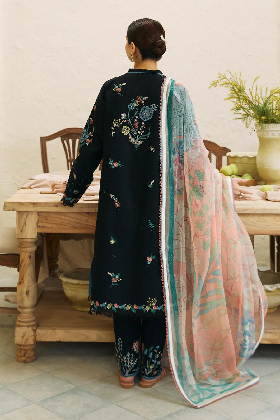 ZARASHAHJAHAN- 3PC DHANAK EMBROIDERED SHIRT WITH COUTRAI WOOL PRINT SHAWL AND EMB TROUSER-3214