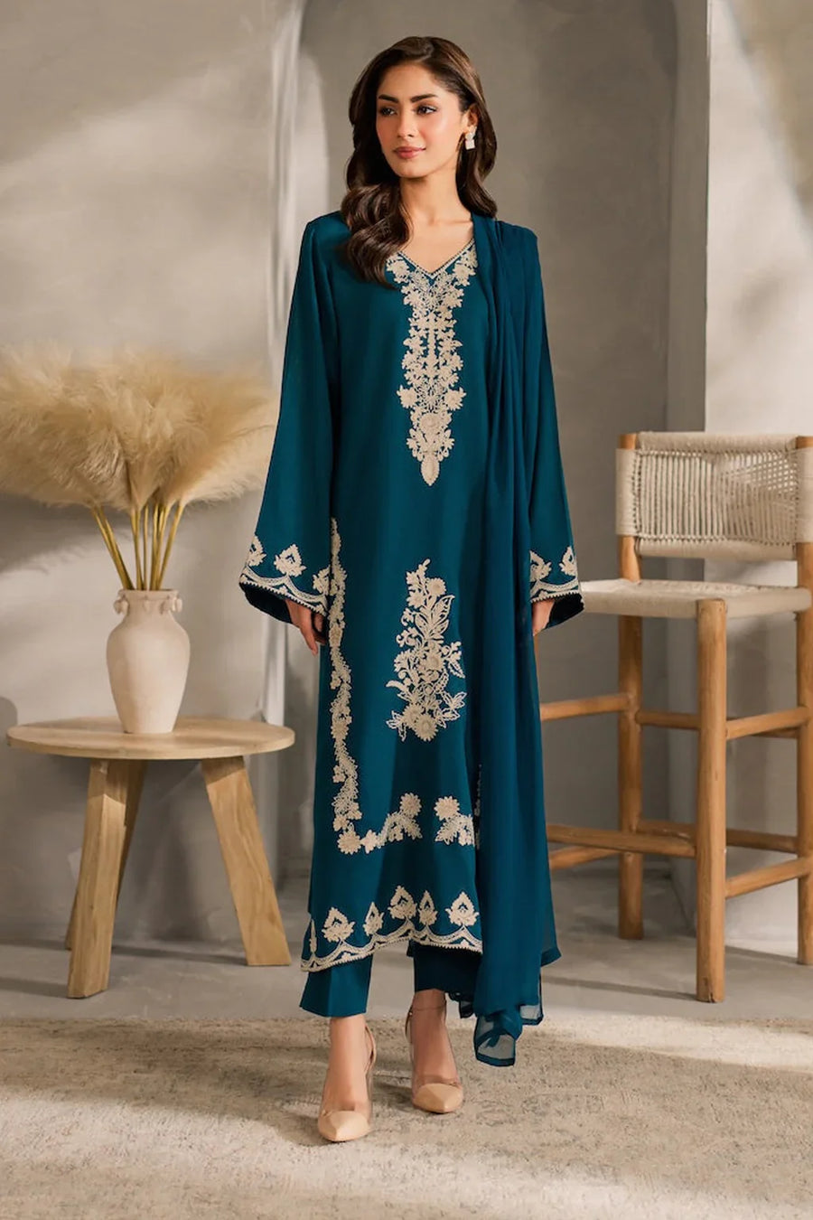 VINTAGE-3PC DHANAK EMBROIDERED SHIRT WITH BAMBER CHIFFON DUPATTA AND TROUSER-14259