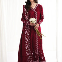 GARNET-3PC DHANAK EMBROIDERED SHIRT WITH DHANAK EMBROIDERED SHAWL & TROUSER-4312