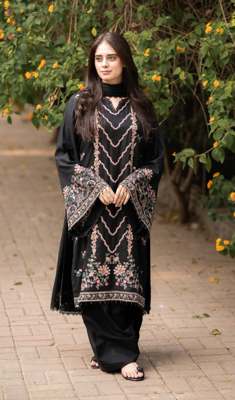 LIBAAS-3PC DHANAK EMBROIDERED SHIRT WITH DHANAK EMBROIDERED SHAWL & TROUSER-BIC-14346