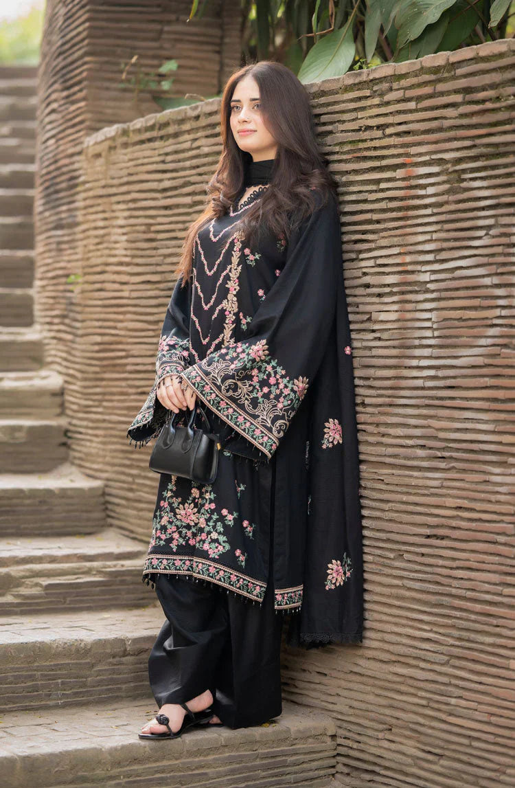 LIBAAS-3PC DHANAK EMBROIDERED SHIRT WITH DHANAK EMBROIDERED SHAWL & TROUSER-BIC-14346