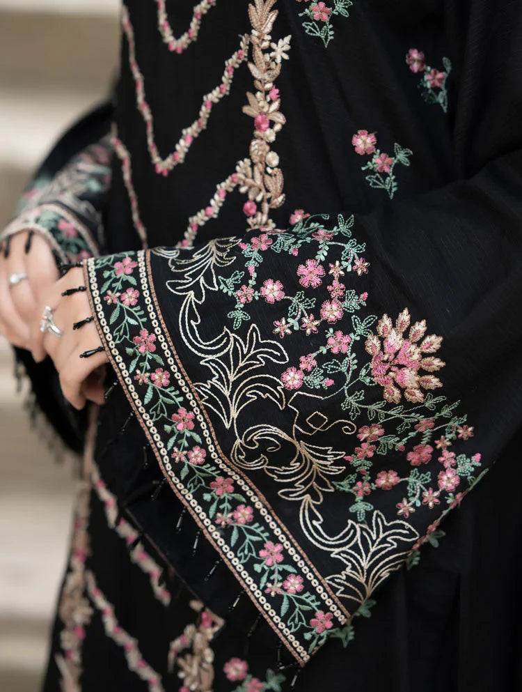 LIBAAS-3PC DHANAK EMBROIDERED SHIRT WITH DHANAK EMBROIDERED SHAWL & TROUSER-BIC-14346