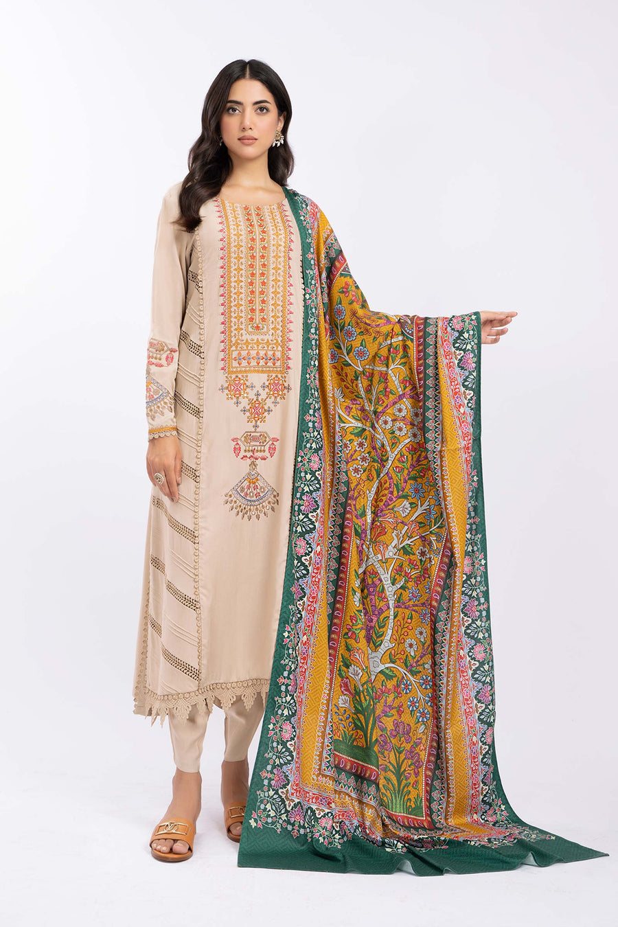 MARIA.B-3PC DHANAK EMBROIDERED SHIRT WITH COUTRAI PRINTED SHAWL AND TROUSER-14030