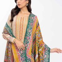 MARIA.B-3PC DHANAK EMBROIDERED SHIRT WITH COUTRAI PRINTED SHAWL AND TROUSER-14030