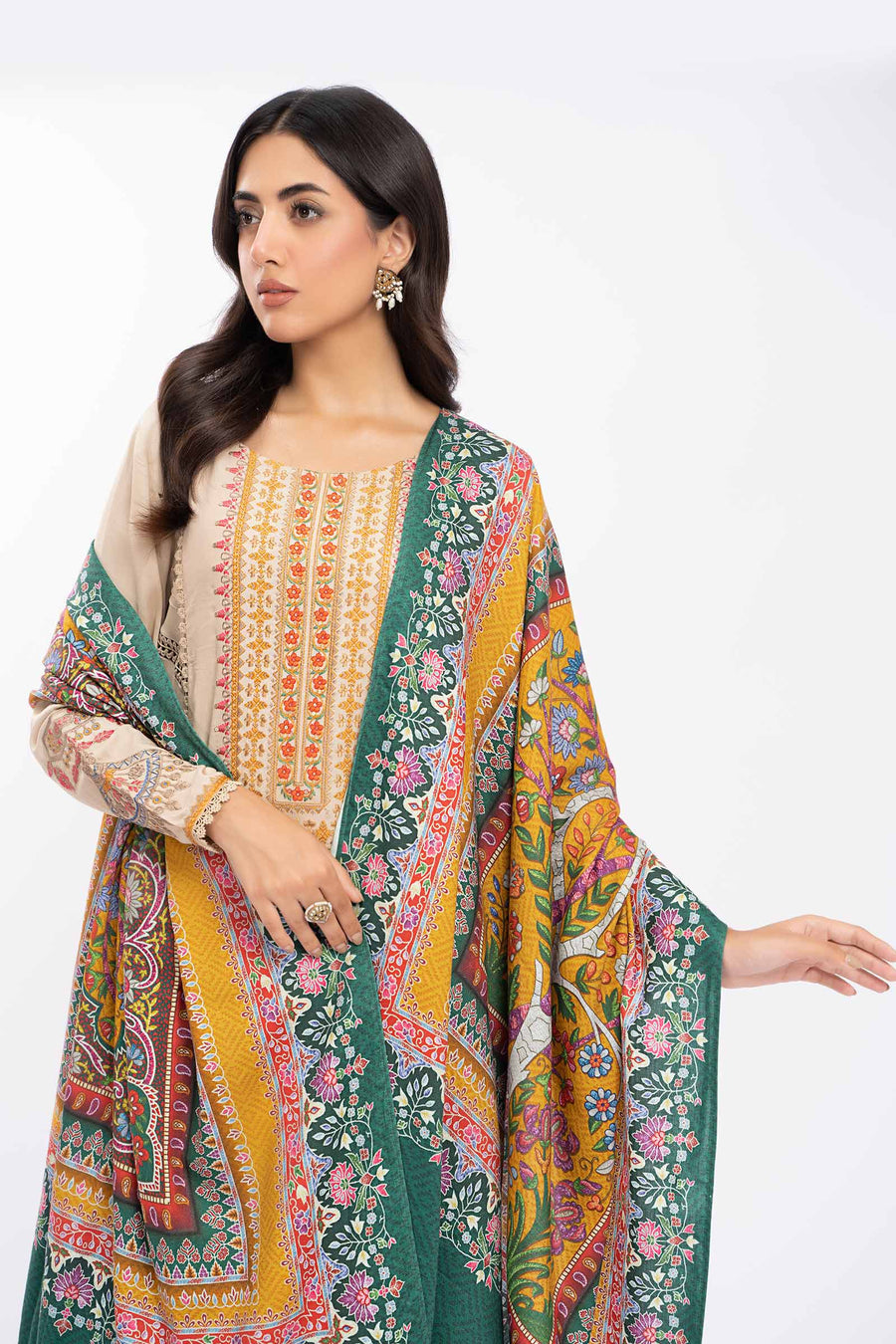 MARIA.B-3PC DHANAK EMBROIDERED SHIRT WITH COUTRAI PRINTED SHAWL AND TROUSER-14030